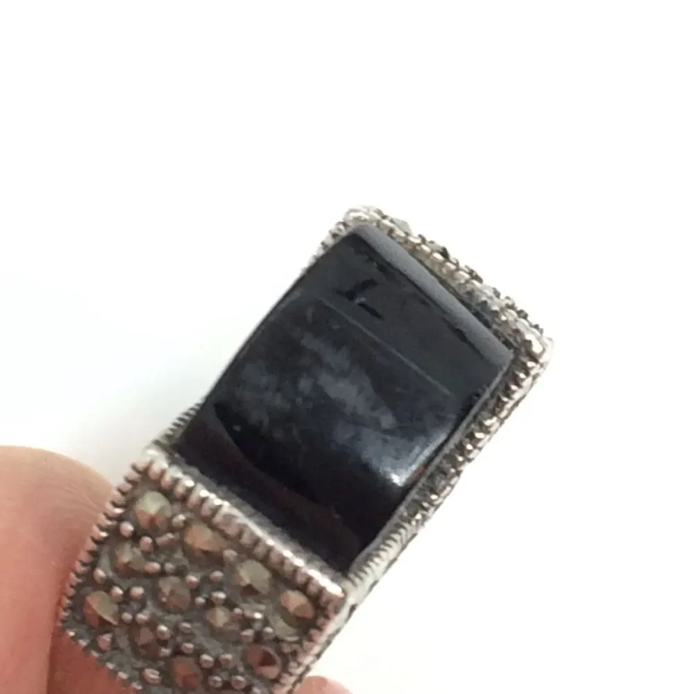 STERLING SILVER RING Black Stone Marcasite Domed Statement Boho Sz 9.25